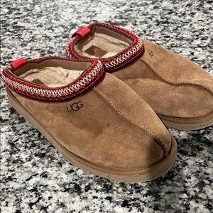 UGG Tan Suede Slip-Ons with Red Trim